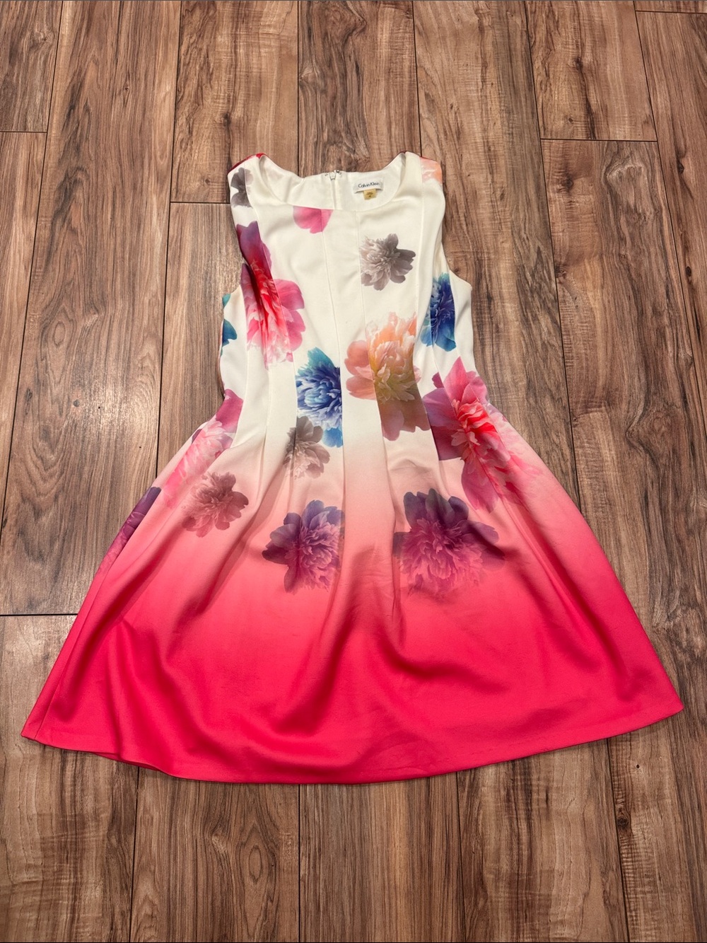 Calvin Klein White Floral Ombre Dress with Pink Skirt